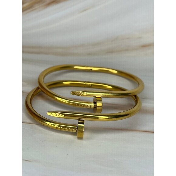 Sia Gold-Tone Nail Design Stainless Steel Bangle - Hypoallergenic & Durable - Picture 3 of 3